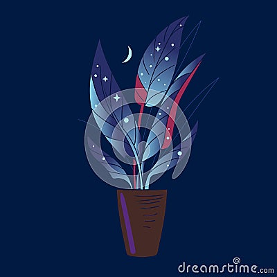 Mysterious plant with stars on the leaves on a dark blue background. Vector illustration Vector Illustration